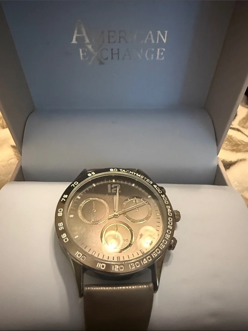 American Exchange Black Dial Chronograph with Brown Leather Strap